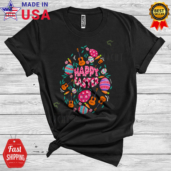 MacnyStore - Happy Easter Cute Cool Easter Plaid Eggs Flowers Guitar Easter Egg Shape Musical Instruments T-Shirt