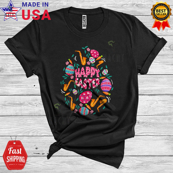 MacnyStore - Happy Easter Cute Cool Easter Plaid Eggs Flowers Saxophone Easter Egg Shape Musical Instruments T-Shirt