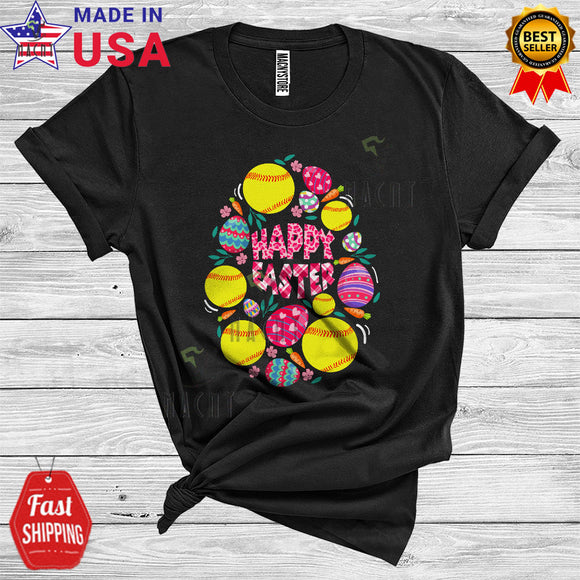 MacnyStore - Happy Easter Cute Cool Easter Plaid Eggs Flowers Softball Easter Egg Shape Sport Player T-Shirt