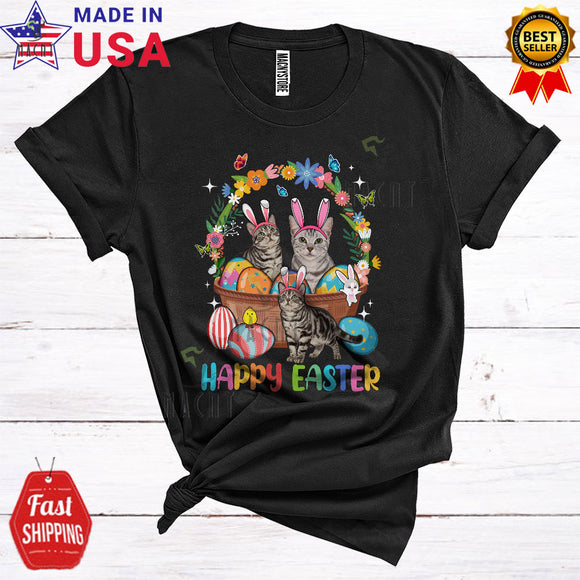 MacnyStore - Happy Easter Cute Funny Easter Day Bunny American Shorthair Cats In Easter Egg Basket Lover T-Shirt