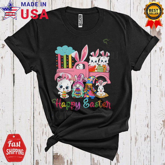 MacnyStore - Happy Easter Cute Funny Easter Day Bunny Cat On Pickup Truck Gnomes Cat Lover T-Shirt