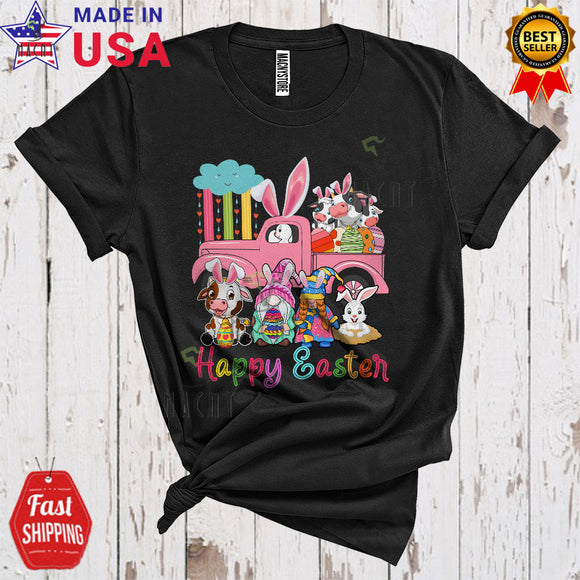 MacnyStore - Happy Easter Cute Funny Easter Day Bunny Cow On Pickup Truck Gnomes Farm Animal Farmer T-Shirt