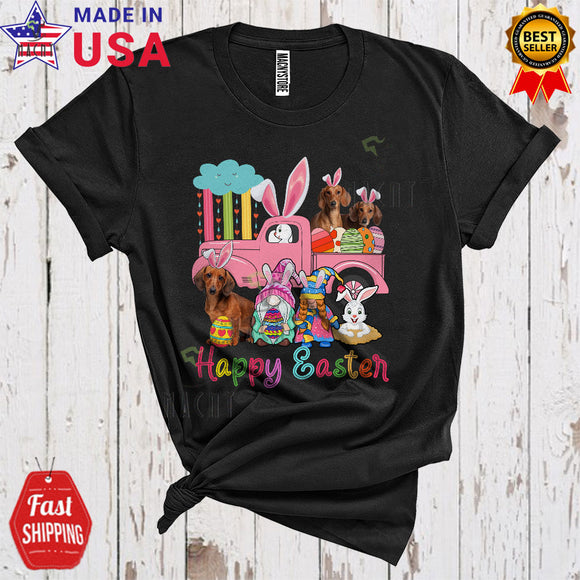 MacnyStore - Happy Easter Cute Funny Easter Day Bunny Dachshund On Pickup Truck Gnomes Dachshund Lover T-Shirt
