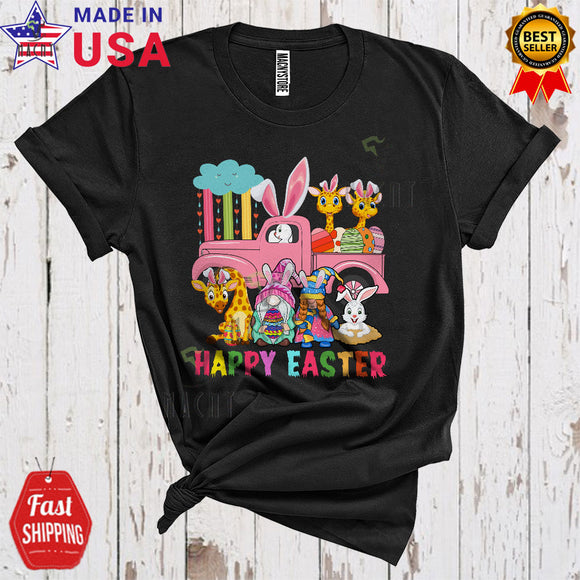 MacnyStore - Happy Easter Cute Funny Easter Day Bunny Giraffe On Pickup Truck Gnomes Wild Animal Lover T-Shirt