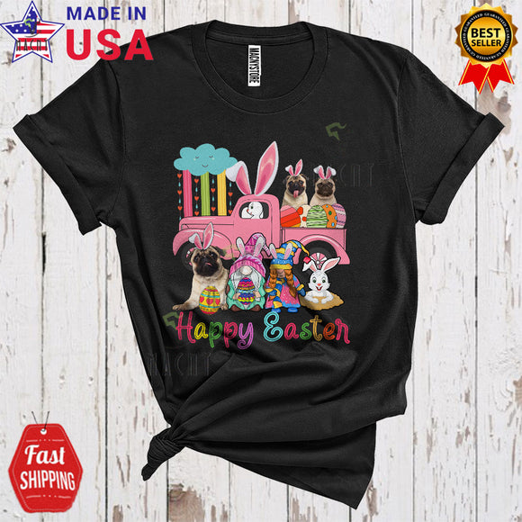 MacnyStore - Happy Easter Cute Funny Easter Day Bunny Pug On Pickup Truck Gnomes Pug Lover T-Shirt