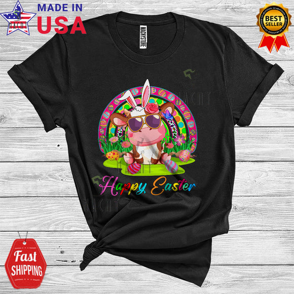 MacnyStore - Happy Easter Cute Funny Easter Day Rainbow Easter Eggs Hunt Cow Farmer Farm Animal Lover T-Shirt