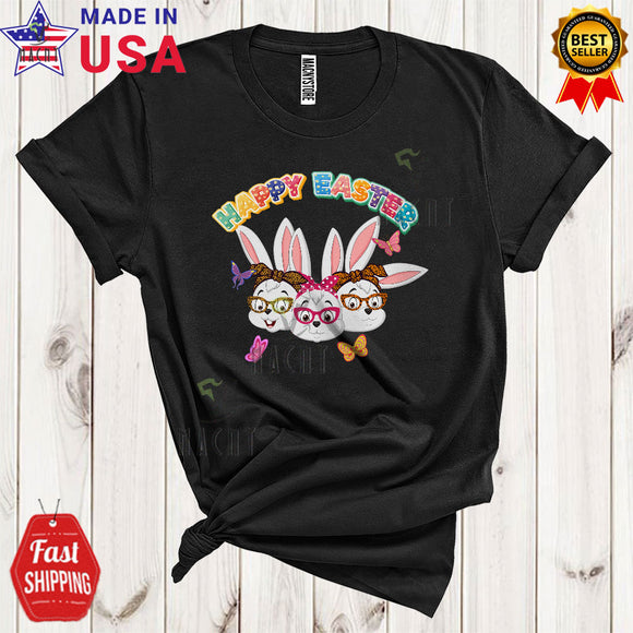 MacnyStore - Happy Easter Cute Funny Easter Day Three Bunny Face Wearing Glasses In Easter Eggs Basket T-Shirt