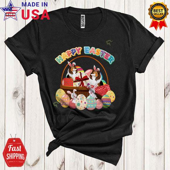 MacnyStore - Happy Easter Cute Funny Easter Day Three Bunny Shetland Sheepdogs In Easter Eggs Basket T-Shirt