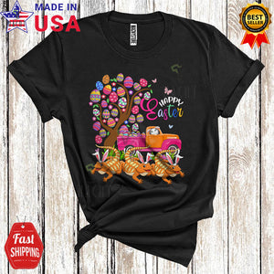 MacnyStore - Happy Easter Cute Funny Easter Egg Tree Three Bearded Dragons Bunny Driving Egg Pickup Truck T-Shirt