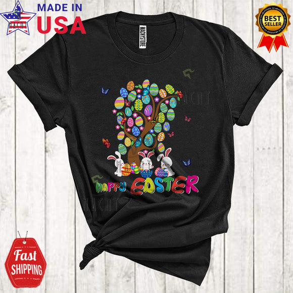 MacnyStore - Happy Easter Cute Funny Easter Egg Tree Three Bunnies Butterfly Hunting Easter Eggs Lover T-Shirt