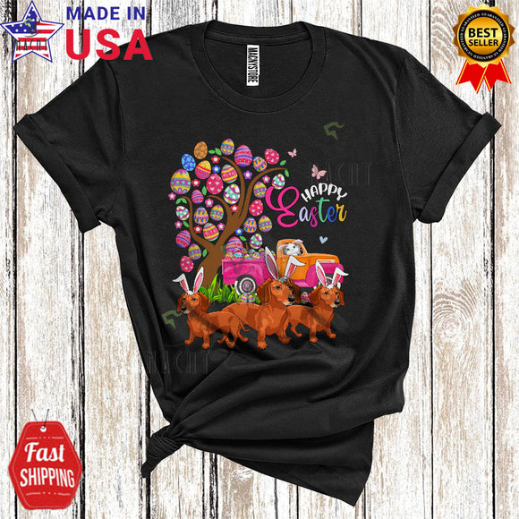 MacnyStore - Happy Easter Cute Funny Easter Egg Tree Three Dachshunds Bunny Driving Egg Pickup Truck T-Shirt