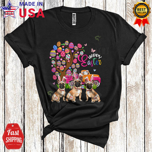 MacnyStore - Happy Easter Cute Funny Easter Egg Tree Three French Bulldogs Bunny Driving Egg Pickup Truck T-Shirt