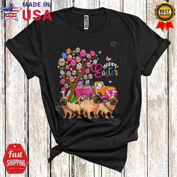 MacnyStore - Happy Easter Cute Funny Easter Egg Tree Three Pugs Bunny Driving Egg Pickup Truck T-Shirt