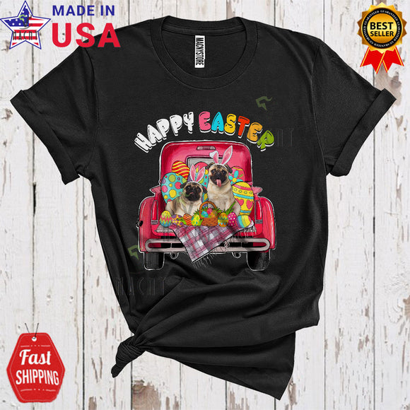 MacnyStore - Happy Easter Cute Funny Easter Eggs Two Bunny Pugs On Pickup Truck Lover Matching Family Group T-Shirt