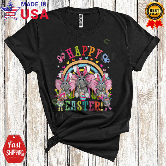 MacnyStore - Happy Easter Cute Funny Easter Rainbow Gnomes Three Bunny Elephants Matching Wild Animal Lover T-Shirt