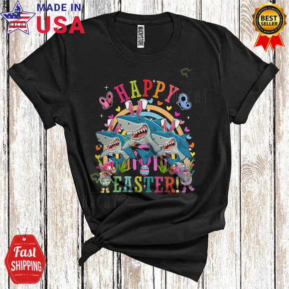MacnyStore - Happy Easter Cute Funny Easter Rainbow Gnomes Three Bunny Sharks Matching Sea Animal Lover T-Shirt
