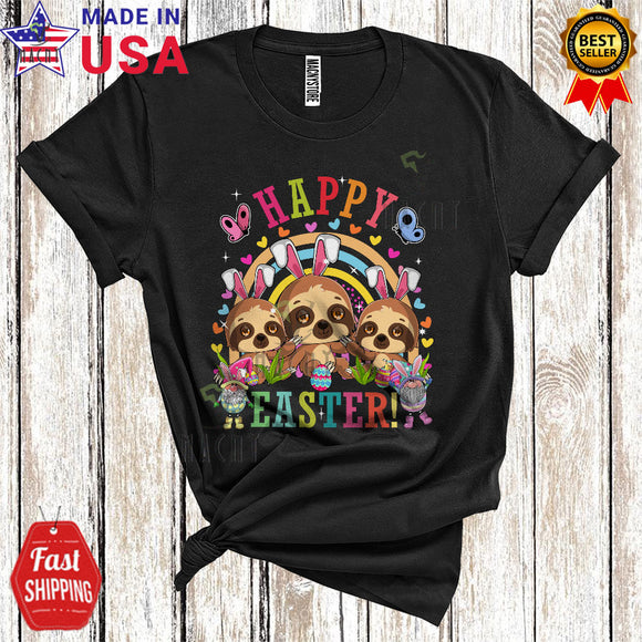 MacnyStore - Happy Easter Cute Funny Easter Rainbow Gnomes Three Bunny Sloths Matching Wild Animal Lover T-Shirt