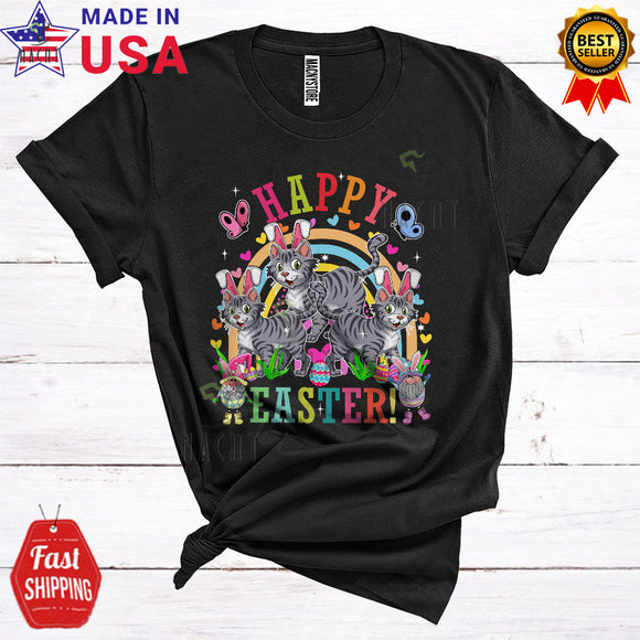 MacnyStore - Happy Easter Cute Happy Easter Three Bunny American Shorthair Cats And Gnomes Rainbow Lover T-Shirt