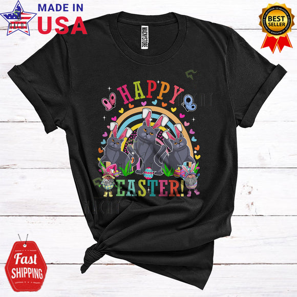 MacnyStore - Happy Easter Cute Happy Easter Three Bunny British Shorthair Cats And Gnomes Rainbow Lover T-Shirt