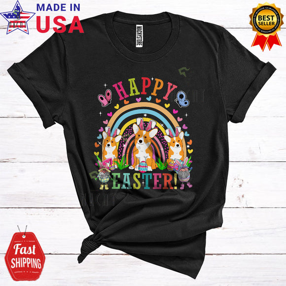MacnyStore - Happy Easter Cute Happy Easter Three Bunny Corgi Dogs And Gnomes Rainbow Lover T-Shirt