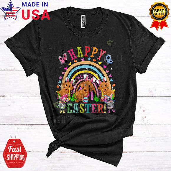MacnyStore - Happy Easter Cute Happy Easter Three Bunny Dachshund Dogs And Gnomes Rainbow Lover T-Shirt