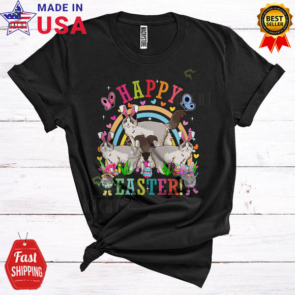 MacnyStore - Happy Easter Cute Happy Easter Three Bunny Ragdoll Cats And Gnomes Rainbow Lover T-Shirt