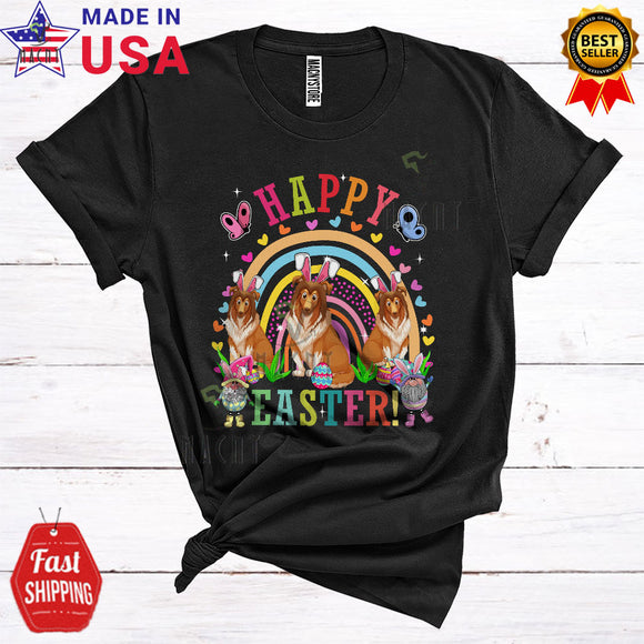 MacnyStore - Happy Easter Cute Happy Easter Three Bunny Sheltie Dogs And Gnomes Rainbow Lover T-Shirt