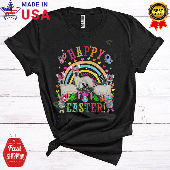 MacnyStore - Happy Easter Cute Happy Easter Three Bunny Siamese Cats And Gnomes Rainbow Lover T-Shirt