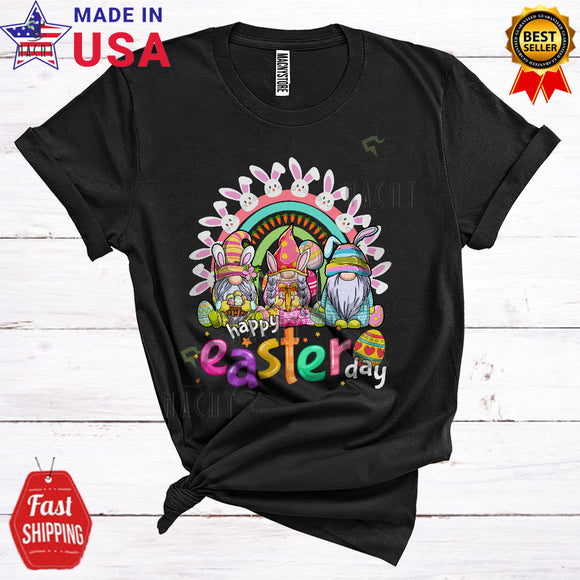MacnyStore - Happy Easter Day Cute Cool Easter Three Bunny Gnome Holding Easter Egg Basket Rainbow Lover T-Shirt