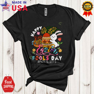 MacnyStore - Happy Easter Fools Day April 1 2023 Funny Cute Bunny With Flowers Easter Eggs Hunt Lover T-Shirt