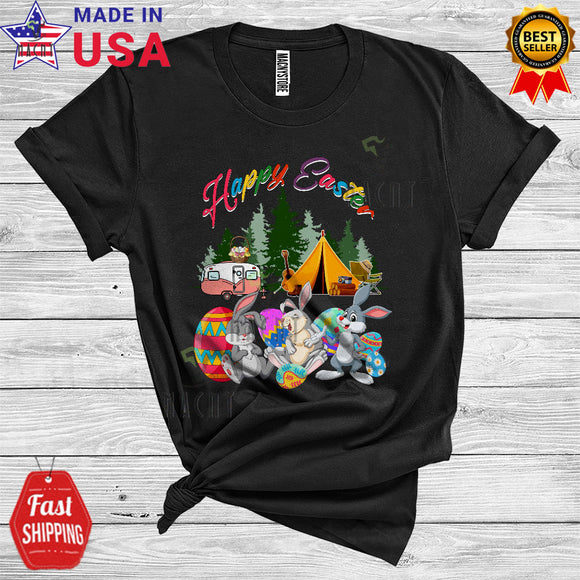MacnyStore - Happy Easter Funny Cute Easter Day Three Bunnies Egg Hunting Camper Camping Lover T-Shirt