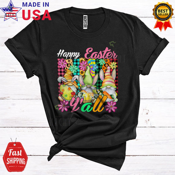 MacnyStore - Happy Easter Y'all Cute Cool Easter Day Eggs Flowers Leopard Plaid Three Bunny Gnomes Squad T-Shirt