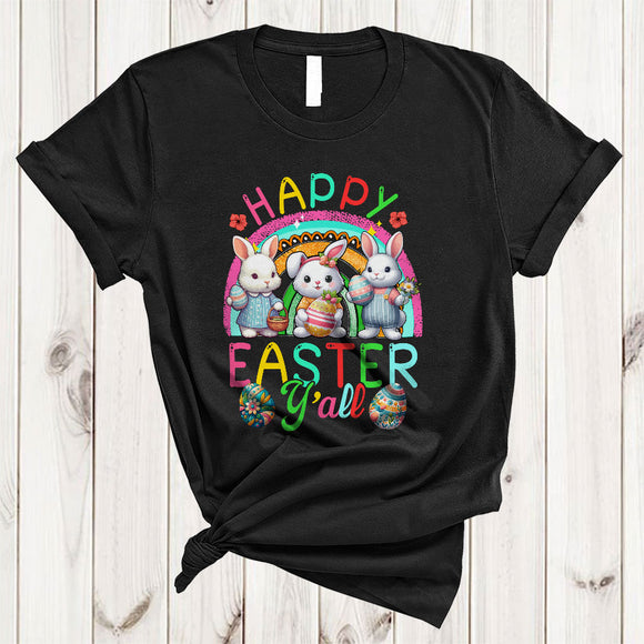 MacnyStore - Happy Easter Y'all, Adorable Easter Day Three Bunny Bunnies Squad, Egg Hunt Rainbow T-Shirt