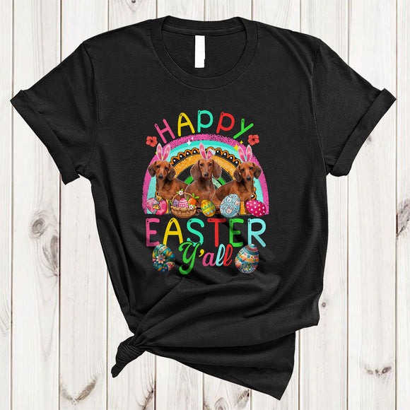 MacnyStore - Happy Easter Y'all, Adorable Easter Day Three Bunny Dachshunds Squad, Egg Hunt Rainbow T-Shirt
