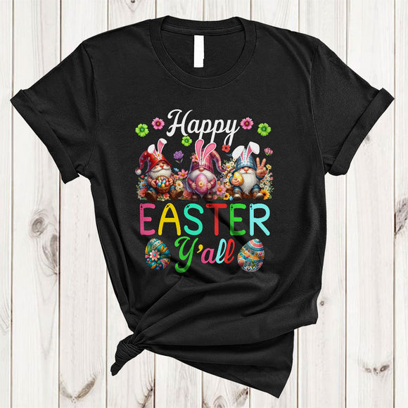 MacnyStore - Happy Easter Y'all, Adorable Easter Day Three Bunny Gnomes Squad, Egg Hunt Rainbow T-Shirt