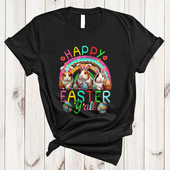 MacnyStore - Happy Easter Y'all, Adorable Easter Day Three Bunny Guinea Pigs Squad, Egg Hunt Rainbow T-Shirt