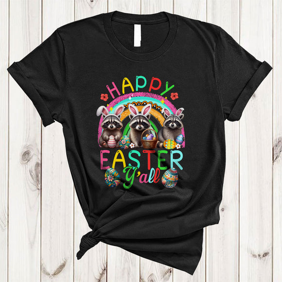 MacnyStore - Happy Easter Y'all, Adorable Easter Day Three Bunny Raccoons Squad, Egg Hunt Rainbow T-Shirt