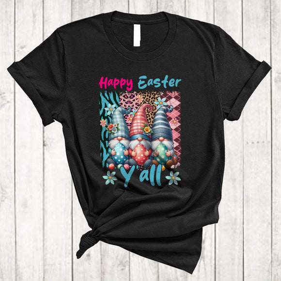 MacnyStore - Happy Easter Y'all, Lovely Easter Day Leopard Plaid Three Gnomes Eggs, Flowers Gnomies Squad T-Shirt