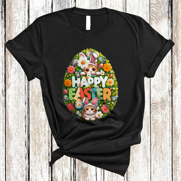 MacnyStore - Happy Easter, Adorable Easter Day Flowers Bunny Cat Lover, Easter Egg Shape Family T-Shirt