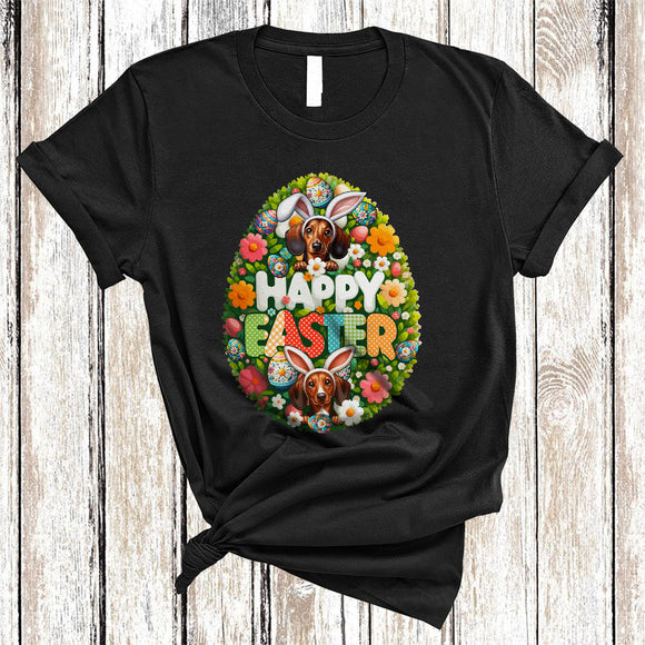 MacnyStore - Happy Easter, Adorable Easter Day Flowers Bunny Dachshund Lover, Easter Egg Shape Family T-Shirt