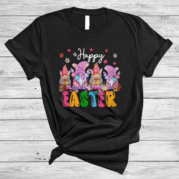 MacnyStore - Happy Easter, Adorable Easter Day Four Bunny Gnomes Gnomies, Flowers Egg Hunting T-Shirt