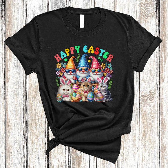 MacnyStore - Happy Easter, Adorable Easter Day Three Bunny Cats Gnomes, Cat Gnome Eggs Hunting T-Shirt