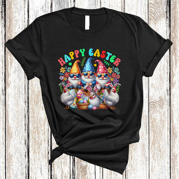 MacnyStore - Happy Easter, Adorable Easter Day Three Bunny Chickens Gnomes, Chicken Gnome Eggs Hunting T-Shirt