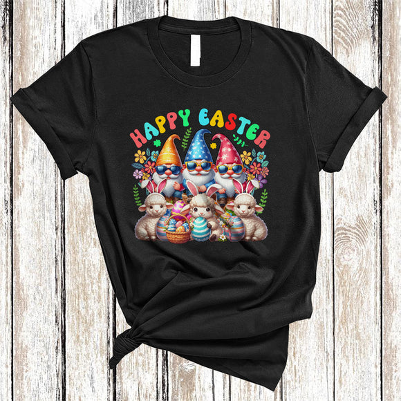 MacnyStore - Happy Easter, Adorable Easter Day Three Bunny Sheep Gnomes, Sheep Gnome Eggs Hunting T-Shirt