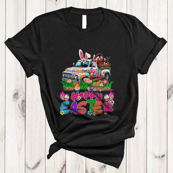 MacnyStore - Happy Easter, Amazing Easter Day Bunny Pickup truck Flowers, Egg Hunting Group Family T-Shirt