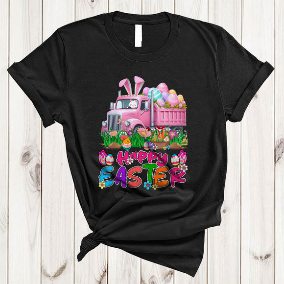 MacnyStore - Happy Easter, Amazing Easter Day Bunny Riding Truck Flowers, Egg Hunting Group Family T-Shirt