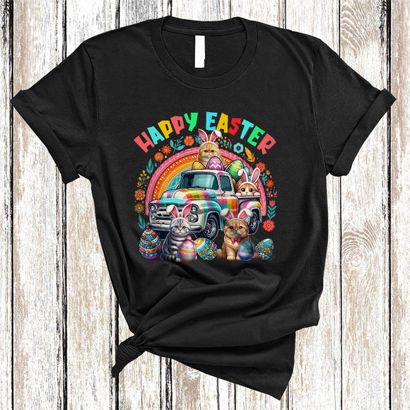 MacnyStore - Happy Easter, Awesome Easter Bunny Cat With Pickup Truck Plaid, Flowers Rainbow T-Shirt