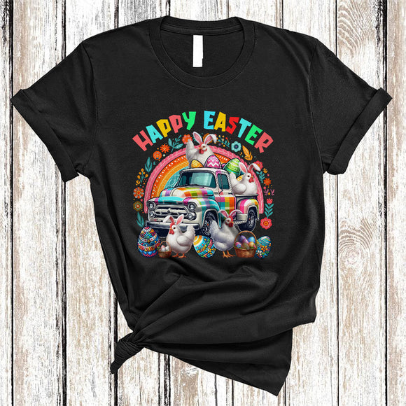MacnyStore - Happy Easter, Awesome Easter Bunny Chicken With Pickup Truck Plaid, Flowers Rainbow T-Shirt