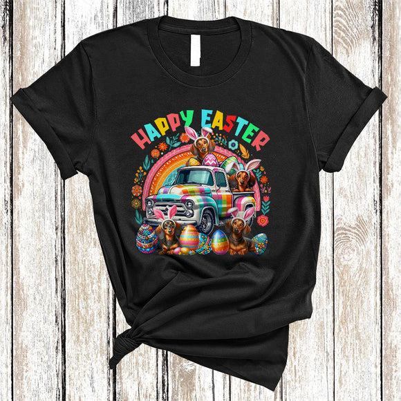MacnyStore - Happy Easter, Awesome Easter Bunny Dachshund Dog With Pickup Truck Plaid, Flowers Rainbow T-Shirt