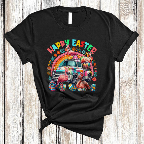 MacnyStore - Happy Easter, Awesome Easter Bunny Flamingo With Pickup Truck Plaid, Flowers Rainbow T-Shirt